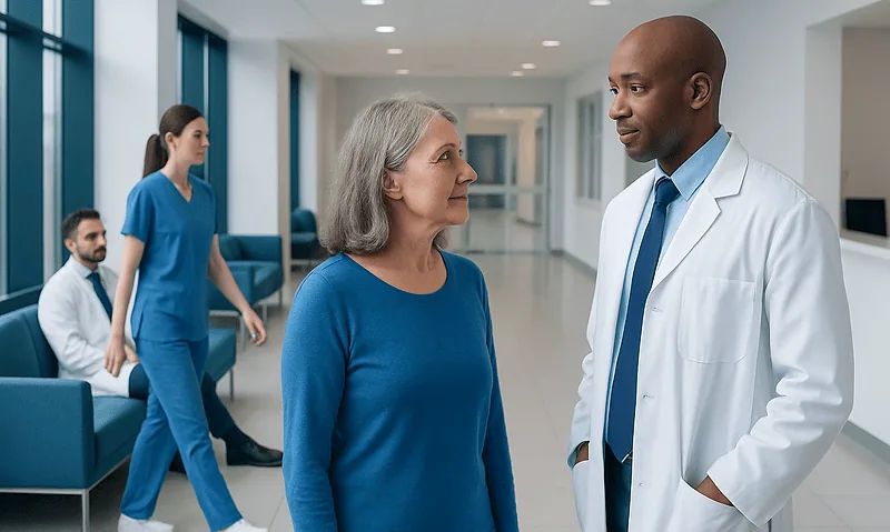 Doctor talking to an elderly female patient in a hospital corridor.