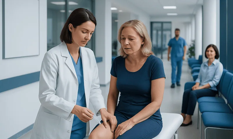 Doctor performing sclerotherapy on a patient's leg in a hospital setting.