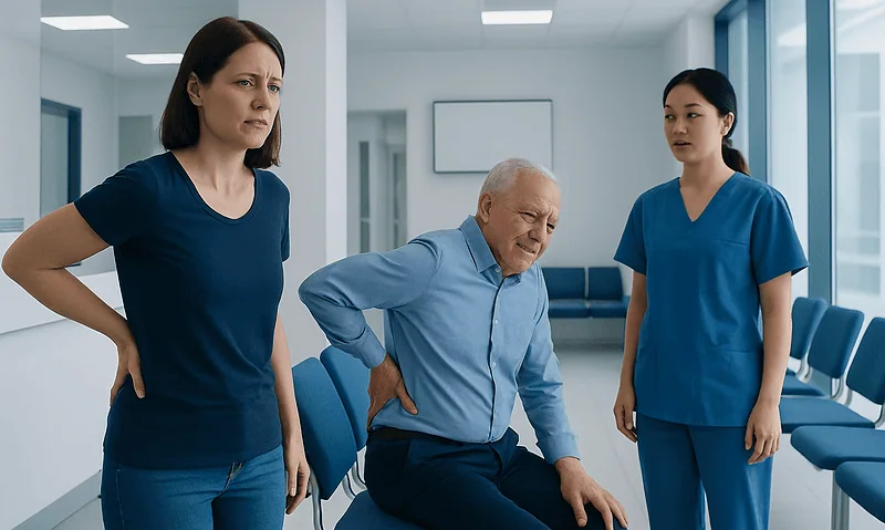 Patient experiencing back pain with medical staff in hospital corridor.
