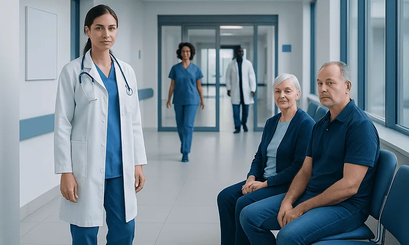 Medical staff and patients in a hospital corridor at Acibadem Hospitals Group.