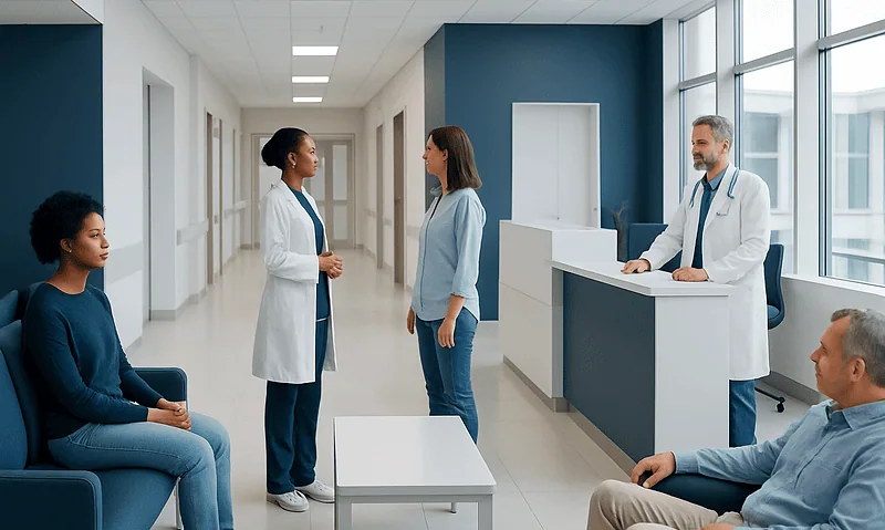 Medical consultation in a modern hospital corridor with doctors and patients.