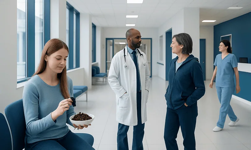 Patients and doctors in a modern hospital corridor.