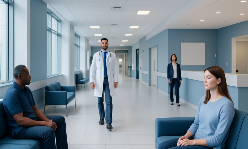 Doctor consulting with patients in a modern hospital corridor.