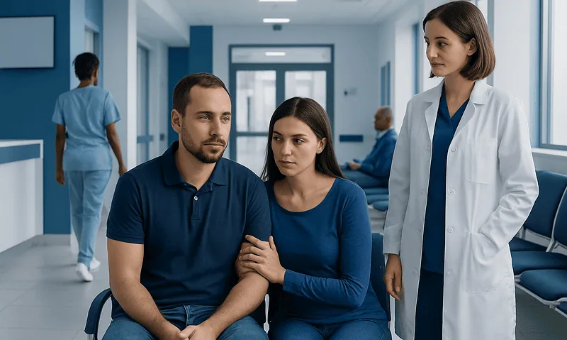 Couple consulting with a doctor in a hospital corridor.