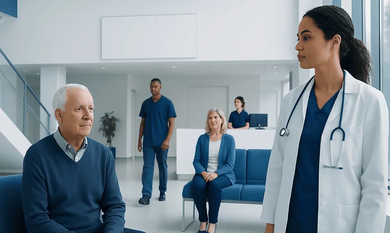 Doctor consulting elderly patient in hospital lobby with staff in background.