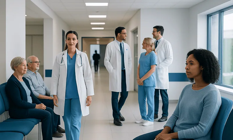 Medical team consulting with patients in a hospital corridor.