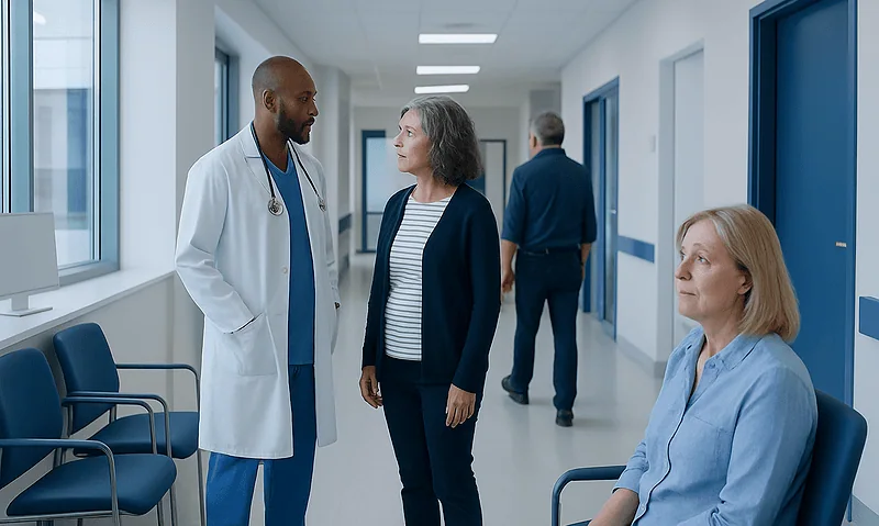 Doctor talking to a patient in a hospital corridor.