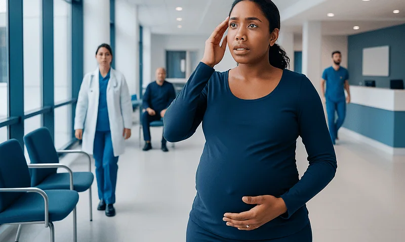 Pregnant woman experiencing headache in hospital corridor with medical staff nearby.