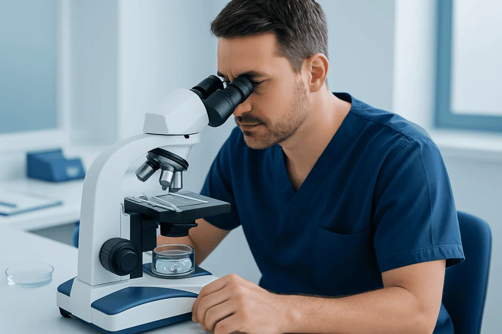 Medical researcher examining samples with a microscope in a laboratory setting.