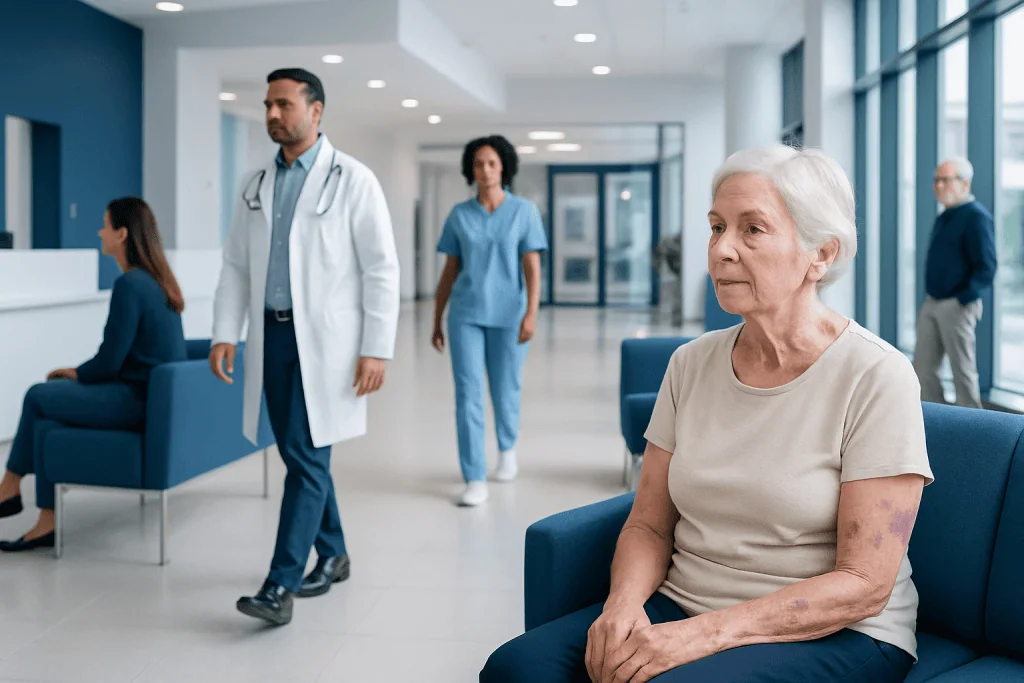 Senile Purpura — Explained by Medical Evidence, Not Myths 1 Elderly woman with skin bruises in hospital waiting area.