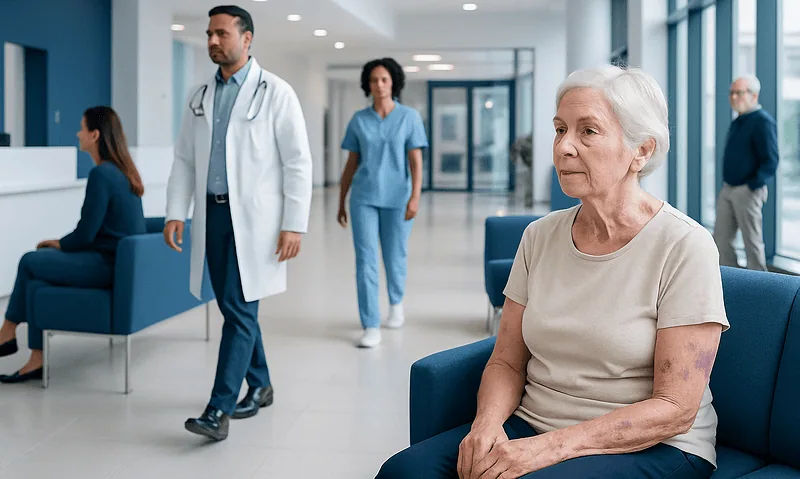 Elderly woman with skin bruises in hospital waiting area.