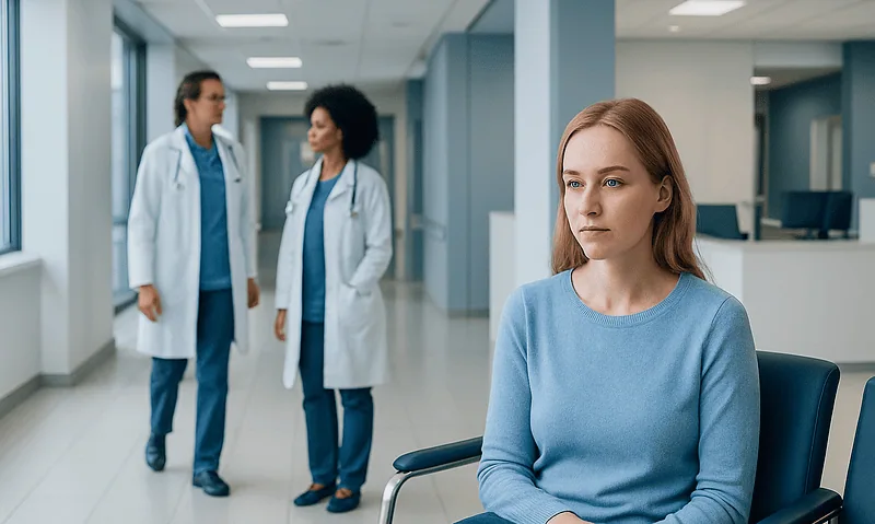 Patient waiting in hospital corridor with medical staff in background.