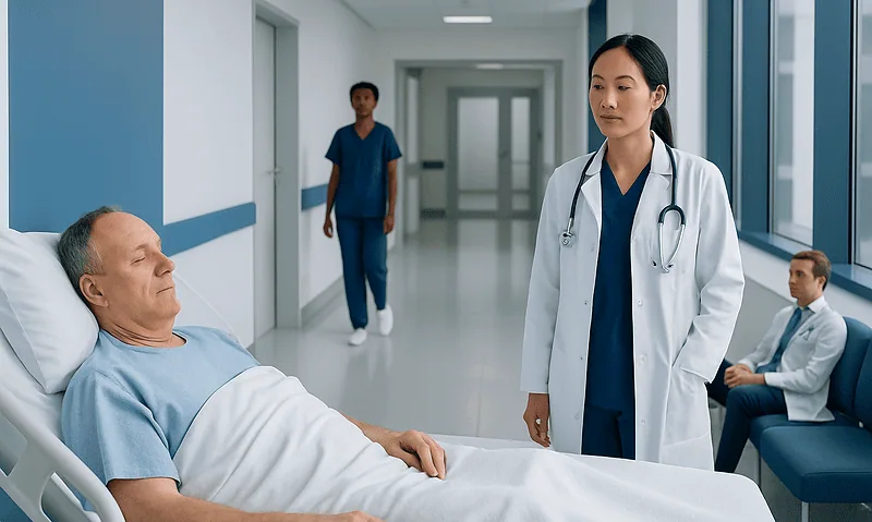 Doctor speaking to patient in hospital corridor, healthcare setting.