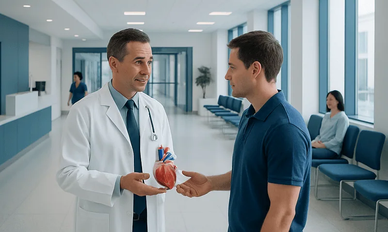 Doctor explaining heart health to patient in hospital corridor.
