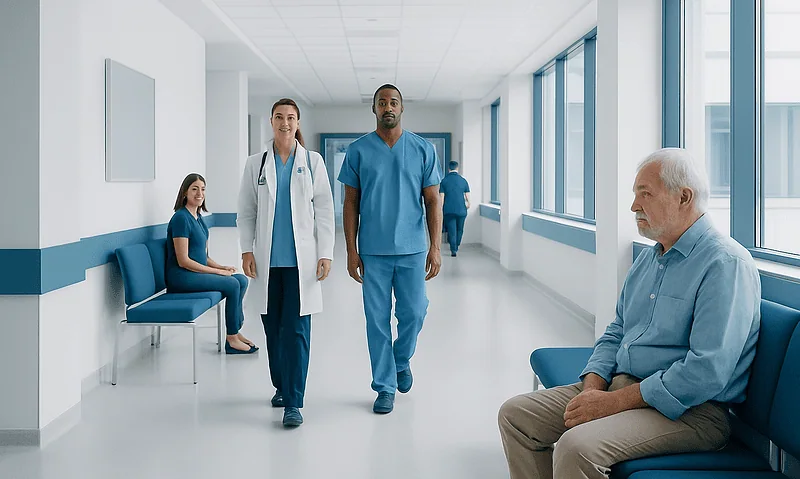Medical team walking in hospital corridor with patient waiting area.