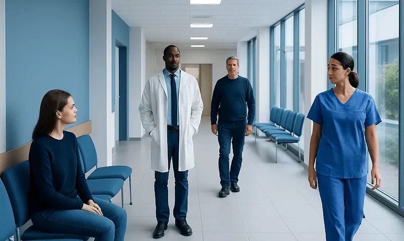 Medical professionals and patient in hospital corridor at Acibadem Hospitals Group.