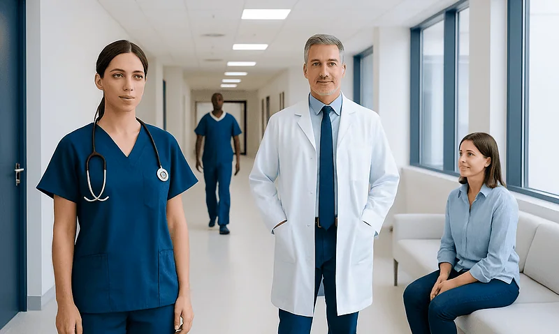 Medical team in hospital corridor with doctor, nurse, and patient.