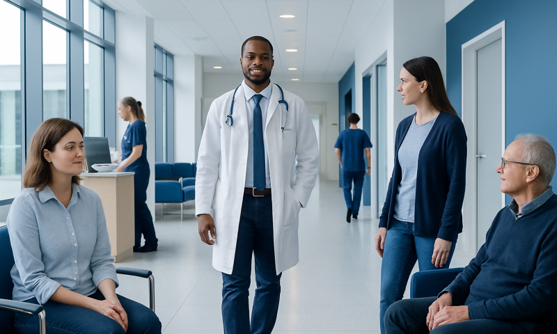 Medical team consulting with patients in a modern hospital corridor.