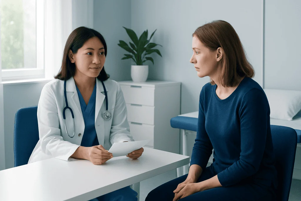 Doctor consulting with a patient in a modern hospital room.