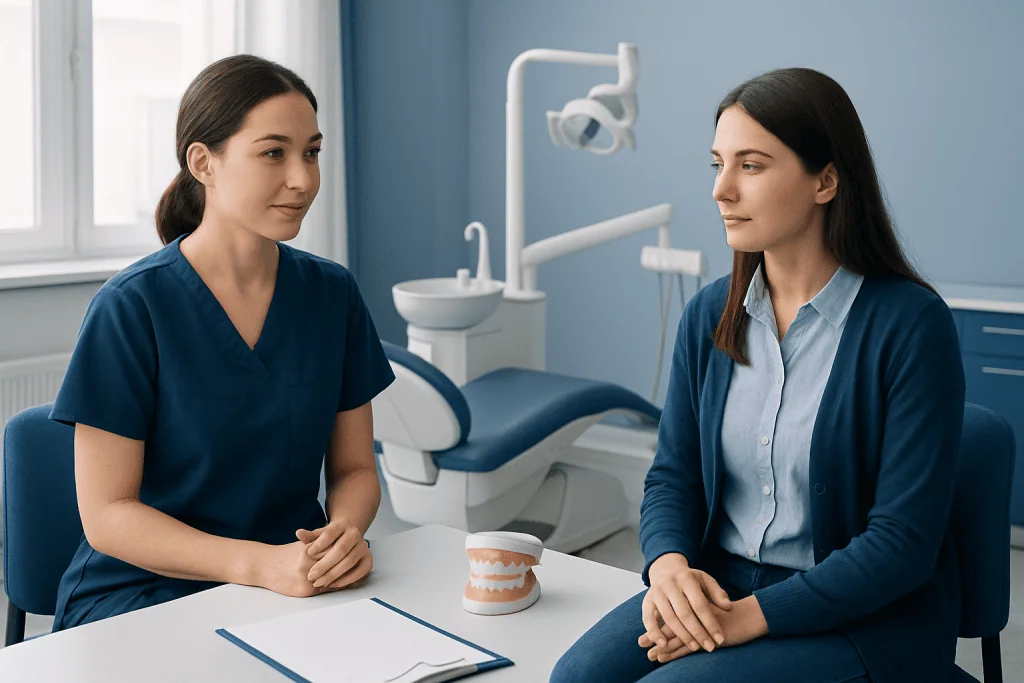 Dental consultation between a nurse and a patient in a clinic setting.