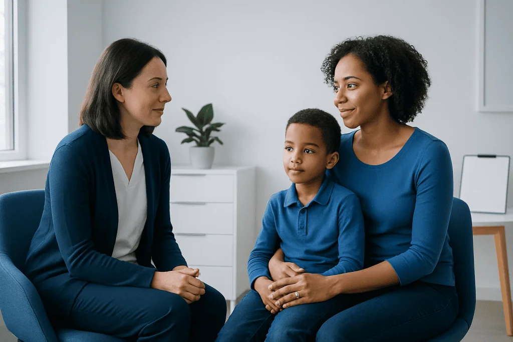 Therapist and mother discussing child's emotional well-being in therapy session.