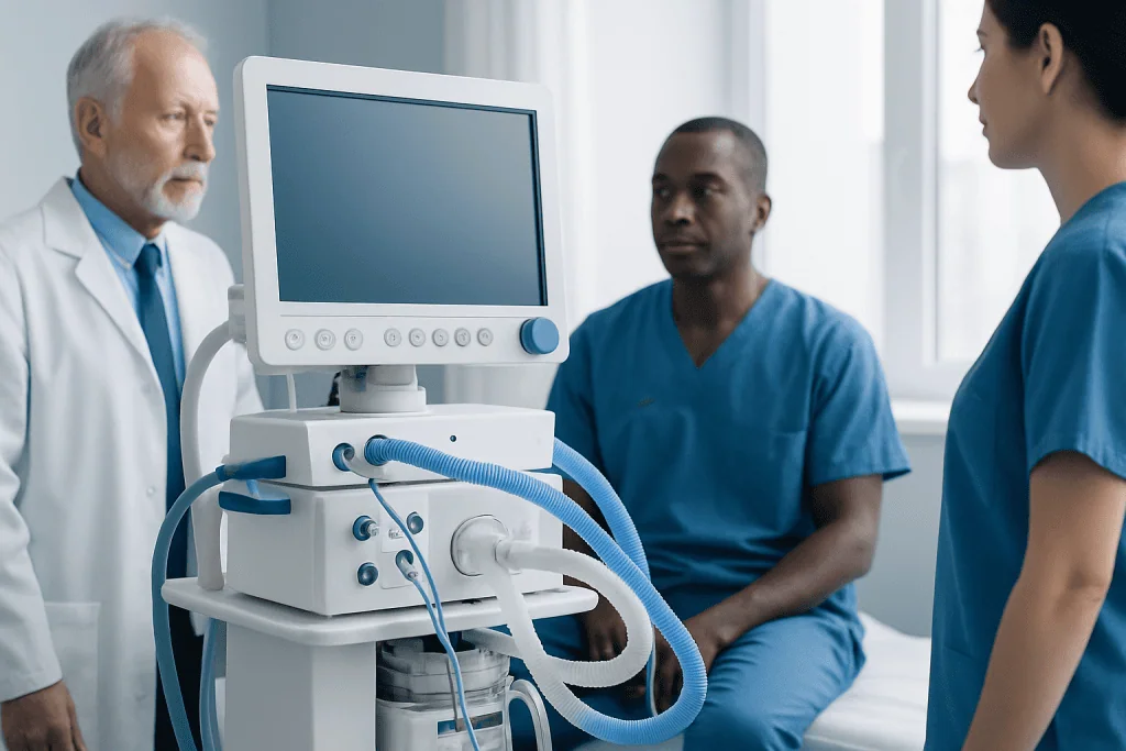 Doctor discussing patient health with medical staff in hospital room.