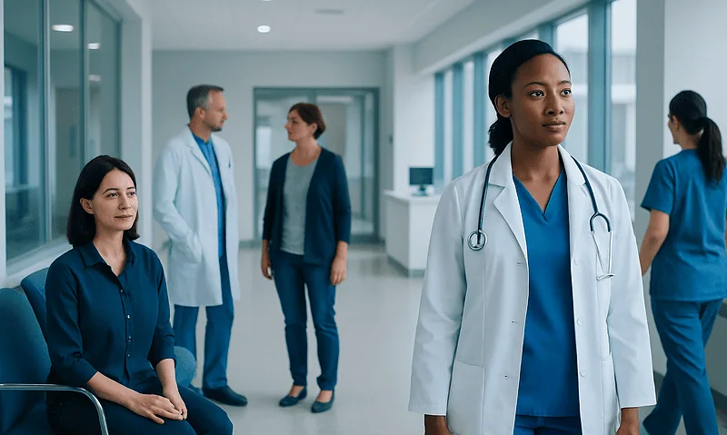 Diverse medical team in hospital corridor with doctor in foreground.