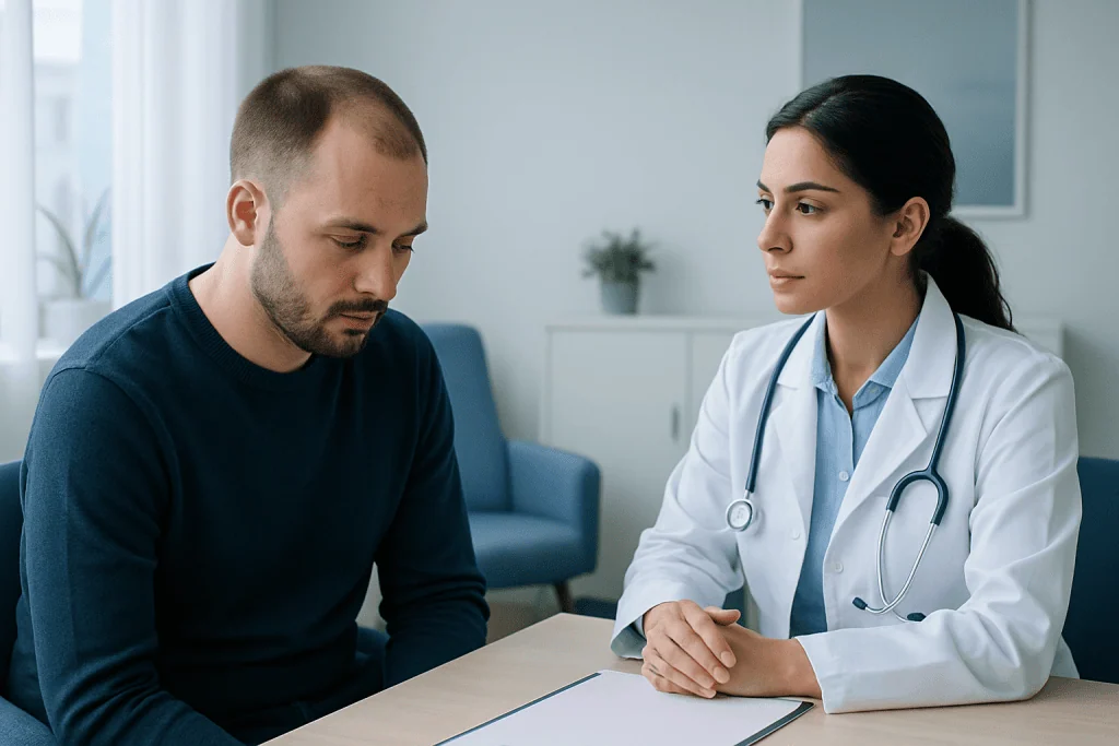 Doctor consulting with male patient about hair transplant recovery.