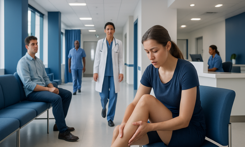 Young woman with knee pain in hospital waiting area with medical staff nearby.