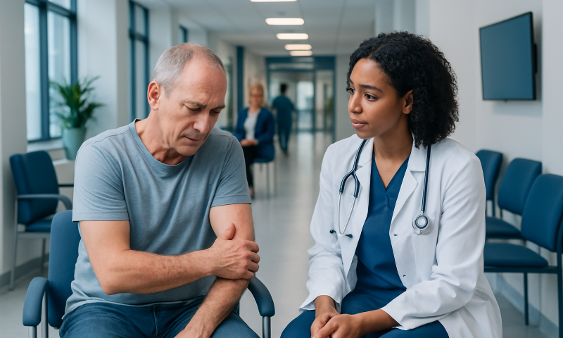 Doctor consulting with a patient in a hospital corridor.