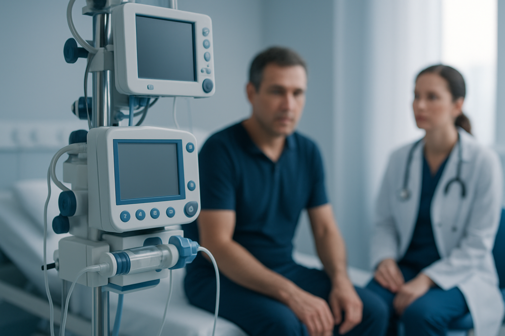 Doctor and patient in a medical consultation with monitoring equipment.