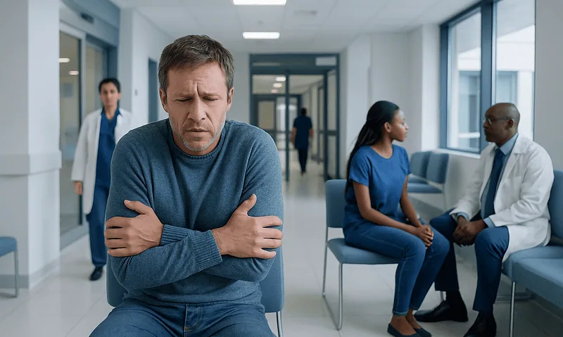 Patient experiencing chills in hospital waiting area.