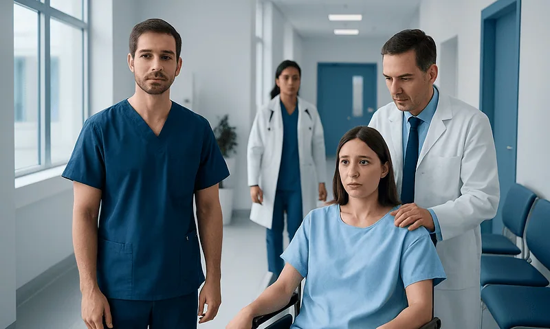 Medical team caring for a patient in a hospital corridor.