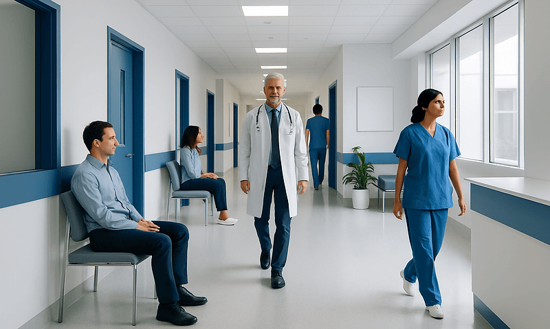 Medical professionals and patients in a hospital corridor.