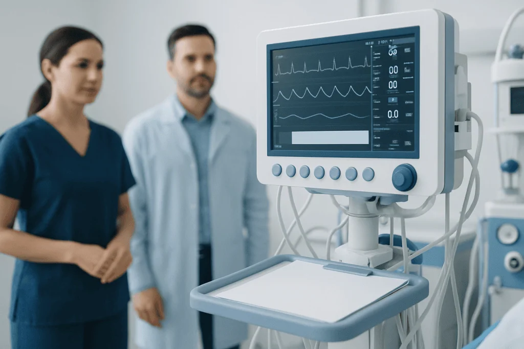 Medical professionals monitoring patient vital signs on a modern hospital monitor.