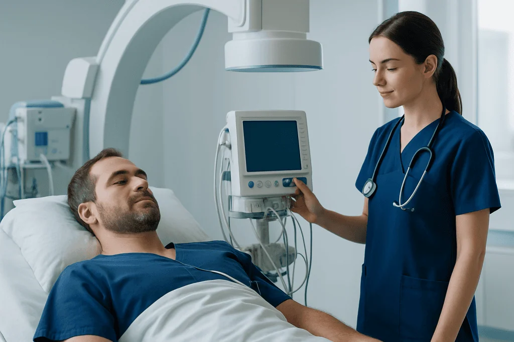 Nurse monitoring patient in hospital room with medical equipment.
