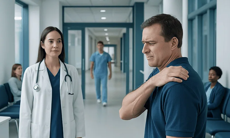 Patient experiencing shoulder pain in hospital corridor with medical staff nearby.