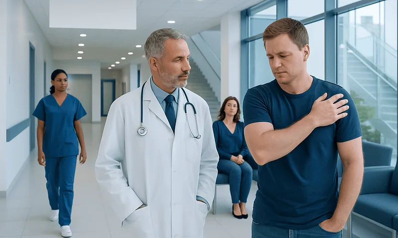 Doctor examines young man with shoulder pain in hospital corridor.