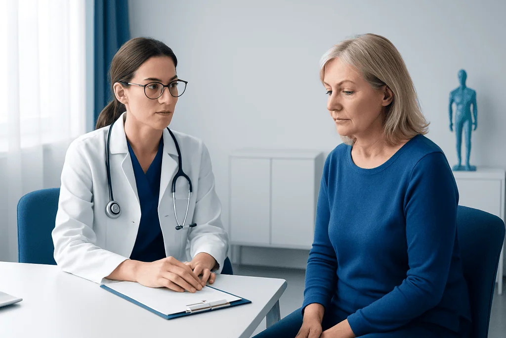 Doctor consulting with a middle-aged woman in a medical office.