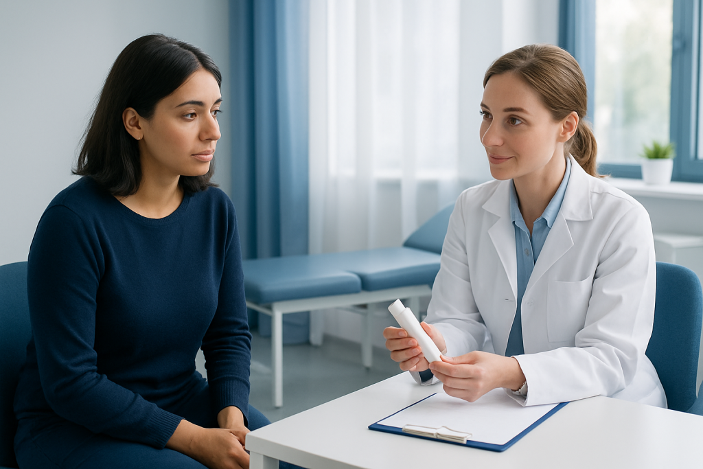 Doctor explaining medication to a patient in a clinic setting.