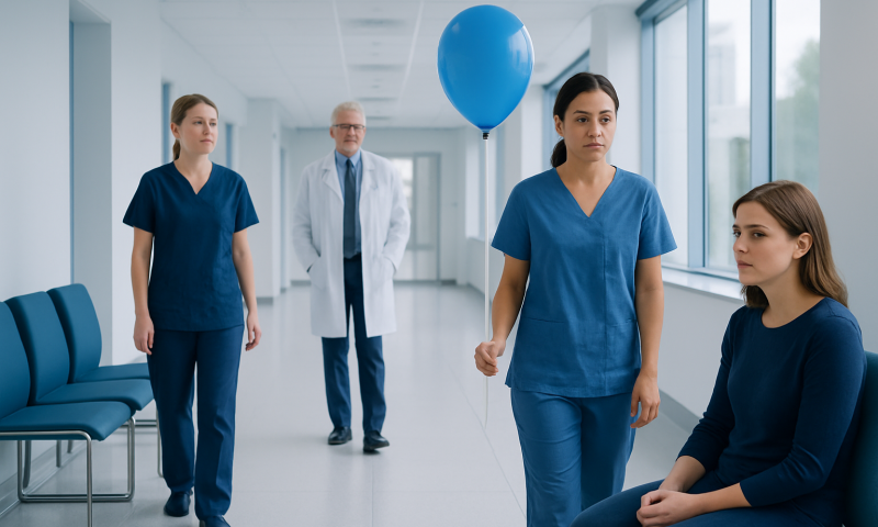Healthcare professionals and patient in hospital corridor with blue balloon.
