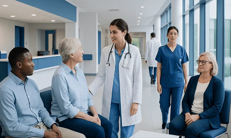 Healthcare professionals and patients in a modern hospital corridor.