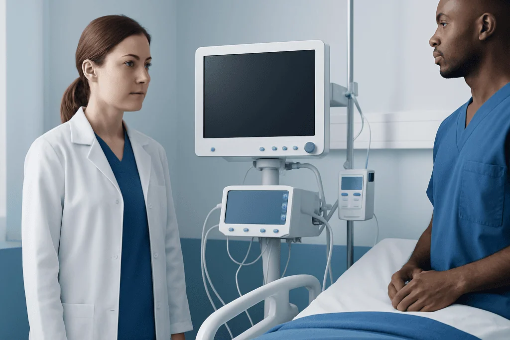 Medical professionals discussing patient care in hospital room.