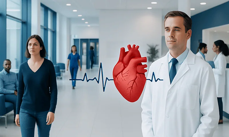 Doctor with a digital heart model in a hospital corridor.