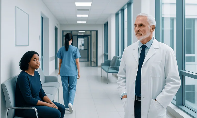 Doctor and patient in hospital corridor at Acibadem Hospitals Group.
