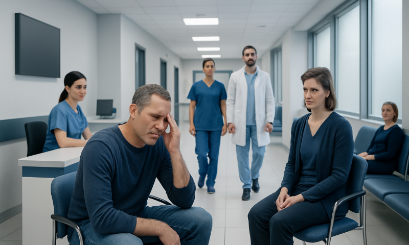 Patient experiencing sinus pressure during consultation at hospital.
