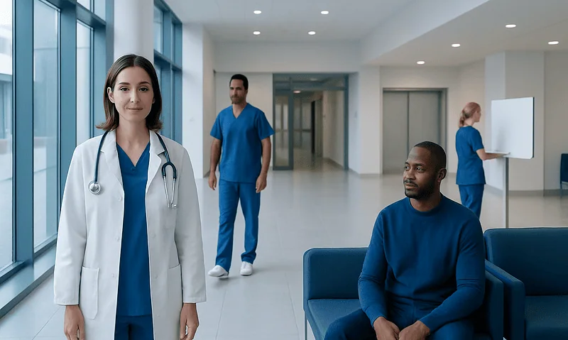 Medical professionals and patient in hospital corridor at Acibadem Hospitals Group.