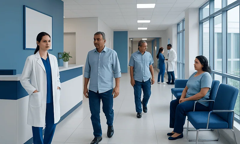 Medical staff and patients in a modern hospital corridor.