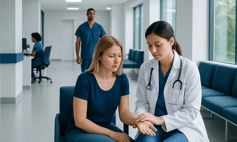 Doctor examining a patient's hand in a modern hospital corridor.