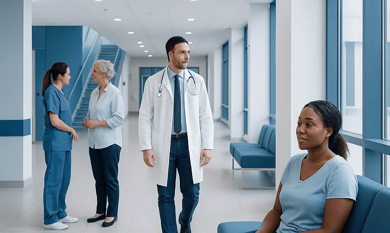 Medical team consulting with patient in hospital corridor.
